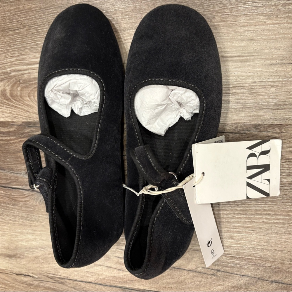 Zara Kids Velvet Ballet Flats with Velcro Strap Navy Dark Gray NWT